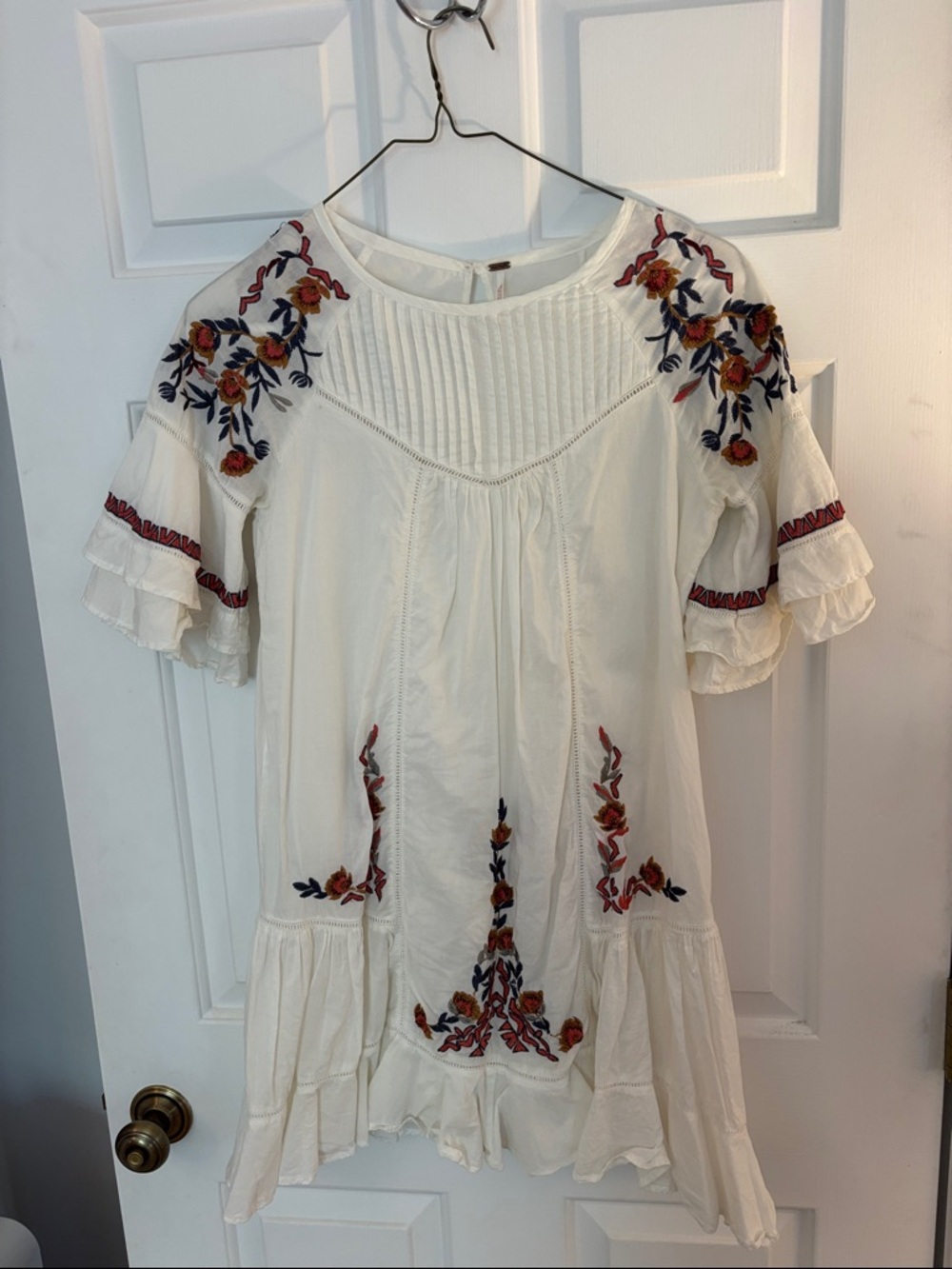 Free People Cream Mini Dress with Red and Navy Floral Embroidery